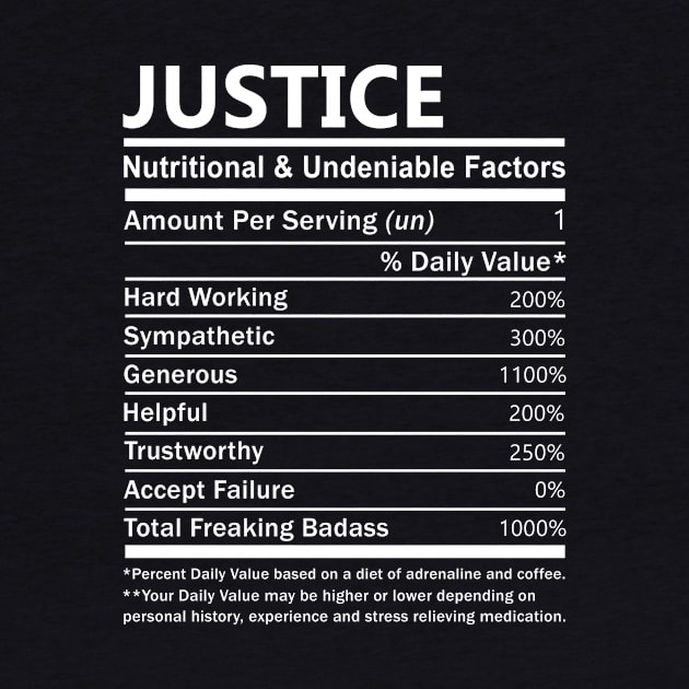 Justice Name T Shirt - Justice Nutritional and Undeniable Name Factors Gift Item Tee by nikitak4um